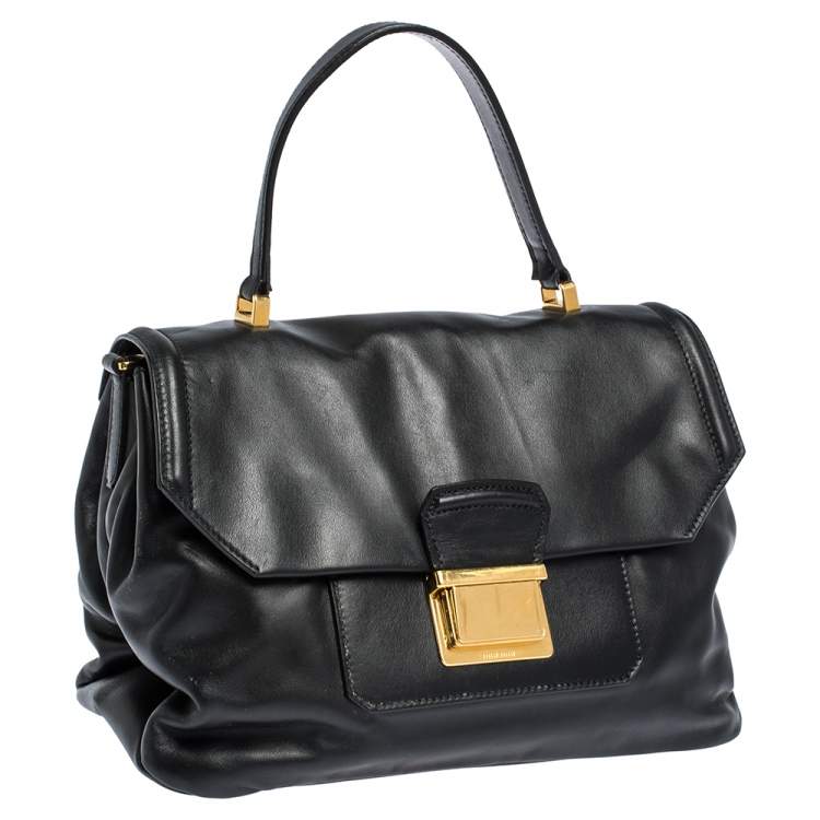 Pre Owned Miu Miu Black Soft Leather Push Lock Top Handle Bag