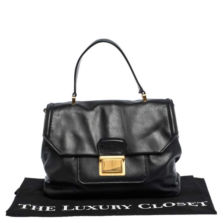 Pre Owned Miu Miu Black Soft Leather Push Lock Top Handle Bag