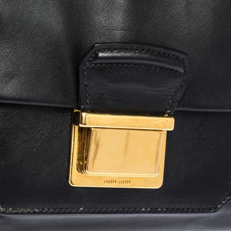 Pre Owned Miu Miu Black Soft Leather Push Lock Top Handle Bag