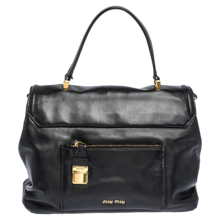 Pre Owned Miu Miu Black Soft Leather Push Lock Top Handle Bag