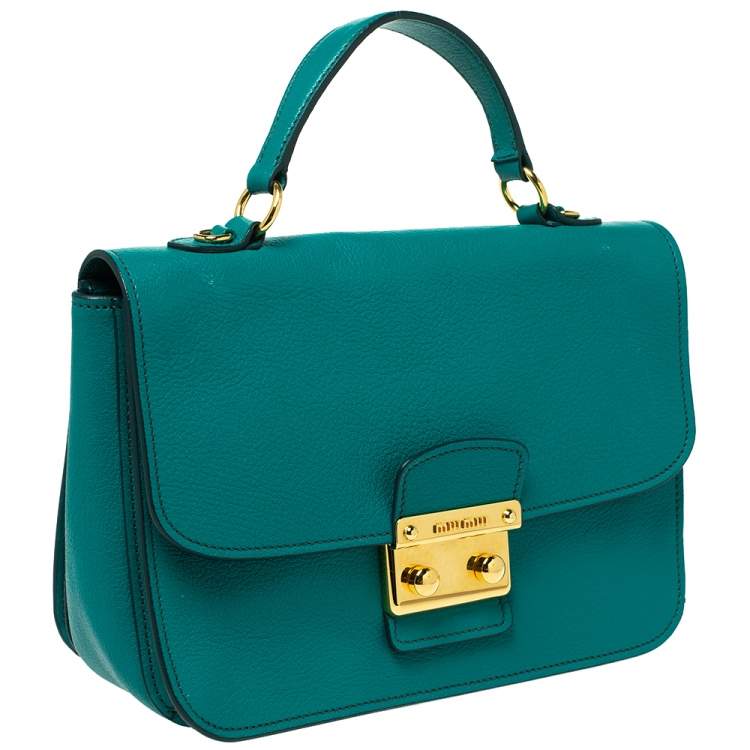 Pre Owned Miu Miu Green Leather Madras Top Handle Bag