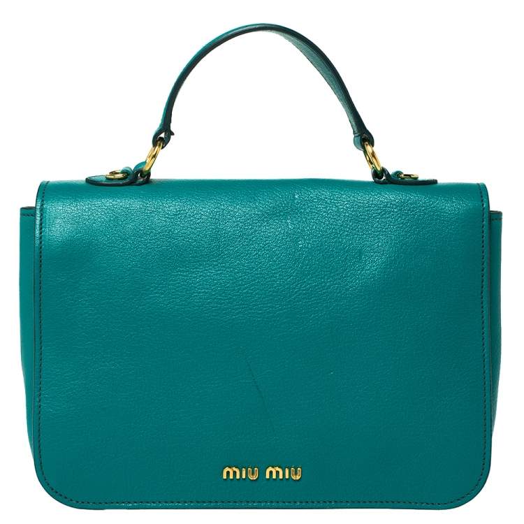 Pre Owned Miu Miu Green Leather Madras Top Handle Bag