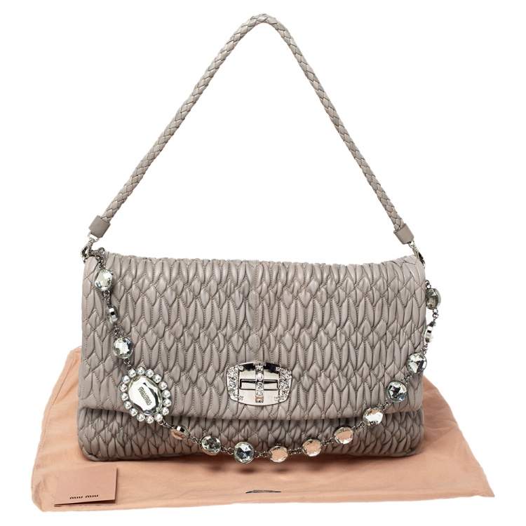 Pre Owned Miu Miu Two Tone Grey Matelassé Leather Crystal Flap Shoulder Bag