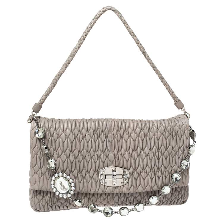 Pre Owned Miu Miu Two Tone Grey Matelassé Leather Crystal Flap Shoulder Bag