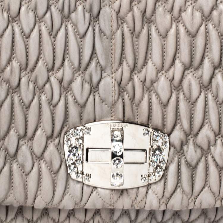Pre Owned Miu Miu Two Tone Grey Matelassé Leather Crystal Flap Shoulder Bag