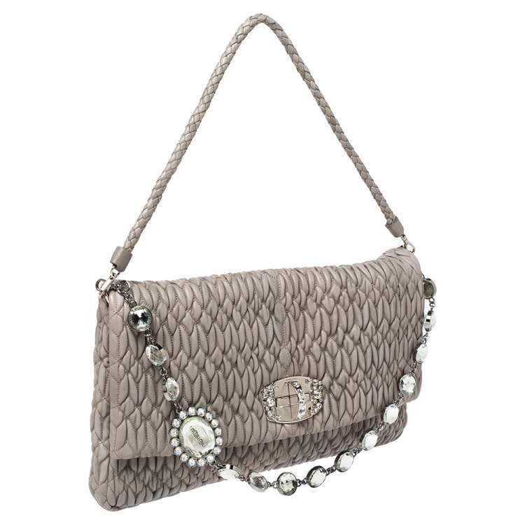 Pre Owned Miu Miu Two Tone Grey Matelassé Leather Crystal Flap Shoulder Bag