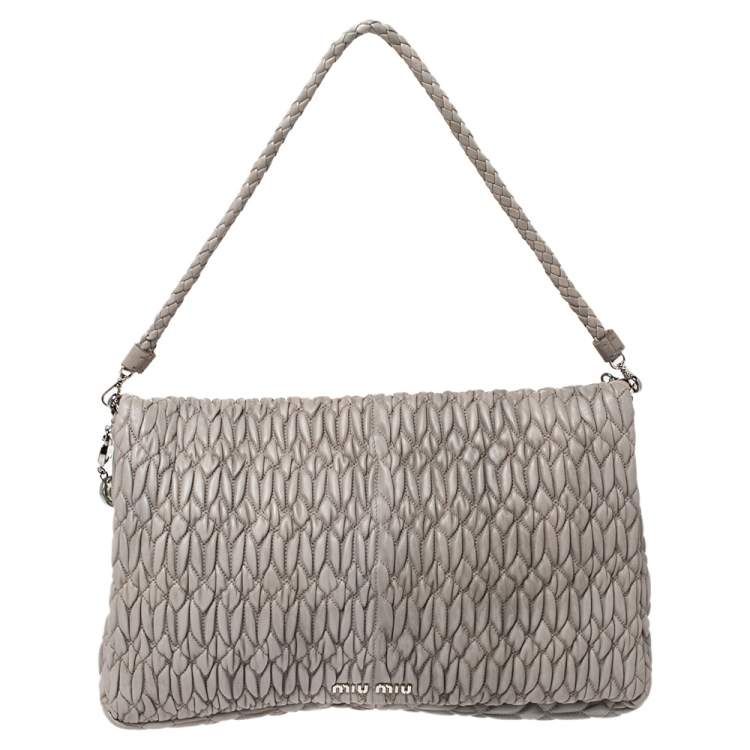 Pre Owned Miu Miu Two Tone Grey Matelassé Leather Crystal Flap Shoulder Bag
