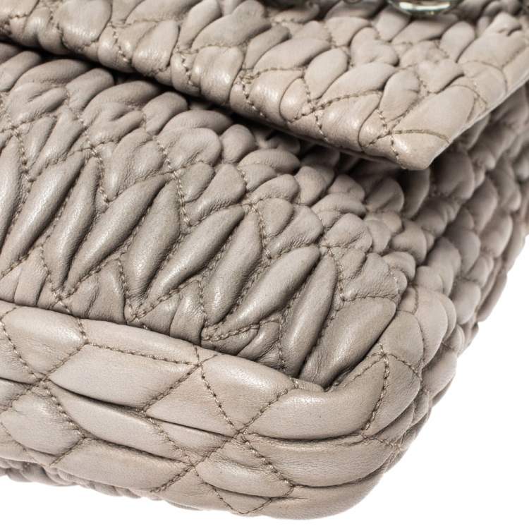 Pre Owned Miu Miu Two Tone Grey Matelassé Leather Crystal Flap Shoulder Bag