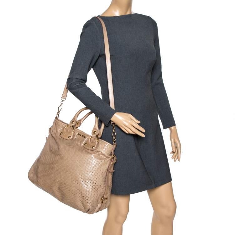 Pre Owned Miu Miu Beige Perforated Leather Tote