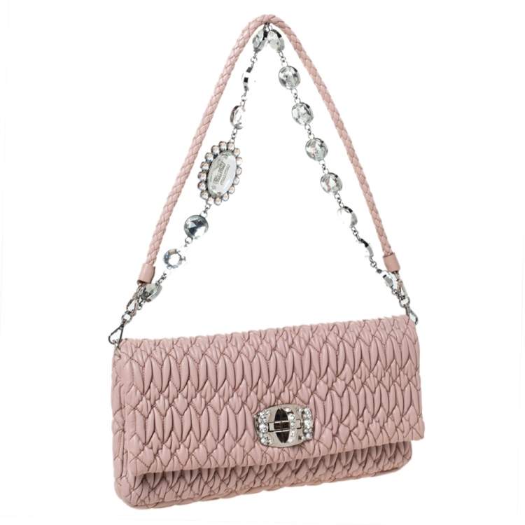 Pre Owned Miu Miu Pink Matelassé Leather Crystal Flap Shoulder Bag