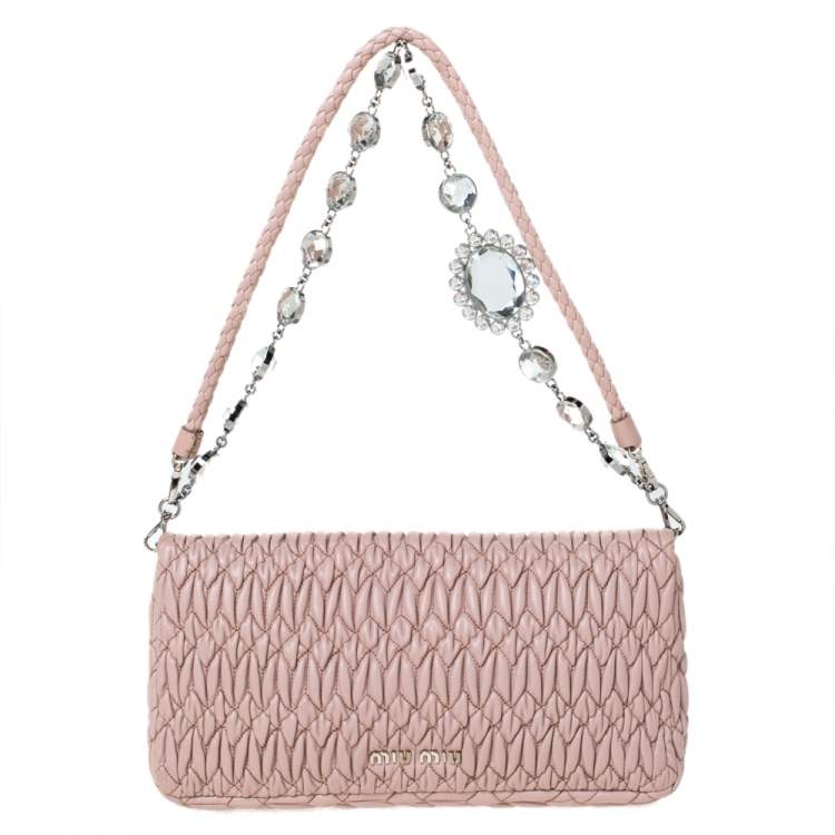 Pre Owned Miu Miu Pink Matelassé Leather Crystal Flap Shoulder Bag