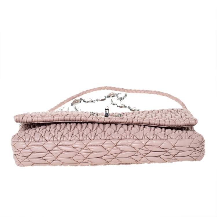 Pre Owned Miu Miu Pink Matelassé Leather Crystal Flap Shoulder Bag