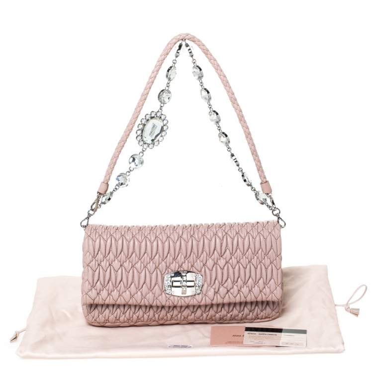 Pre Owned Miu Miu Pink Matelassé Leather Crystal Flap Shoulder Bag