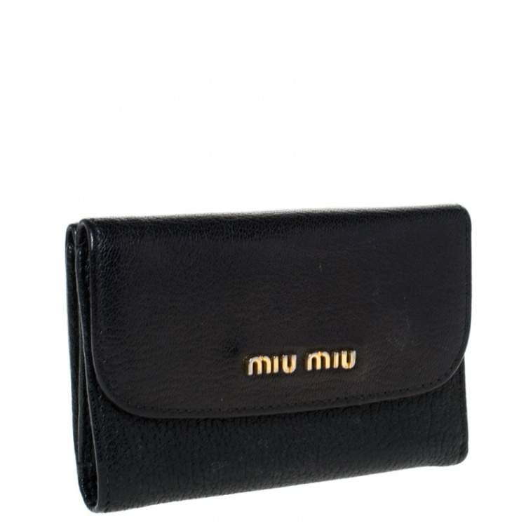 Pre Owned Miu Miu Black Leather Madras Compact Wallet