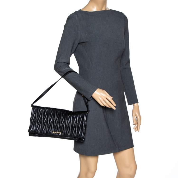Pre Owned Miu Miu Black Matelasse Leather Flap Shoulder Bag