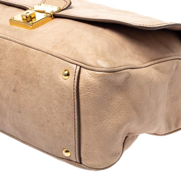Pre Owned Miu Miu Beige Vitello Leather Flap Satchel 