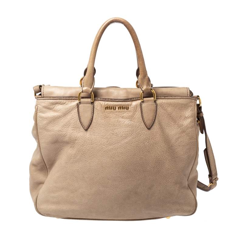 Pre Owned Miu Miu Beige Vitello Leather Flap Satchel 