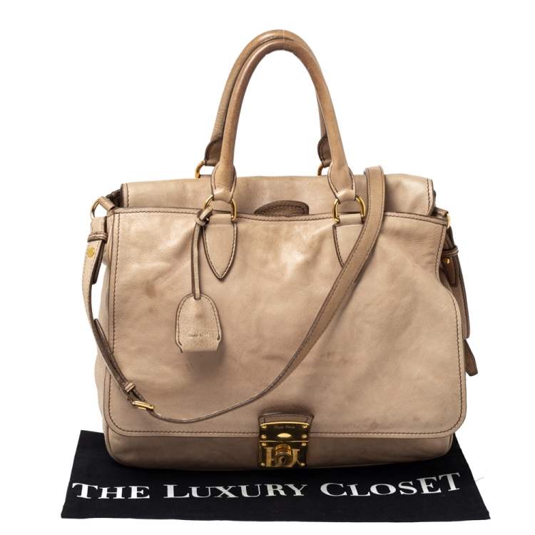 Pre Owned Miu Miu Beige Vitello Leather Flap Satchel 