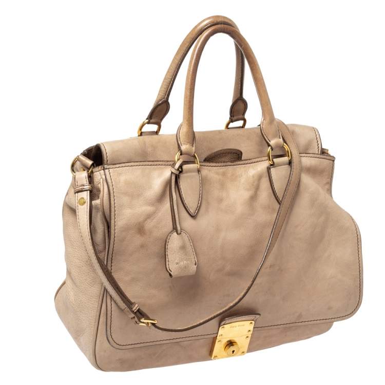 Pre Owned Miu Miu Beige Vitello Leather Flap Satchel 