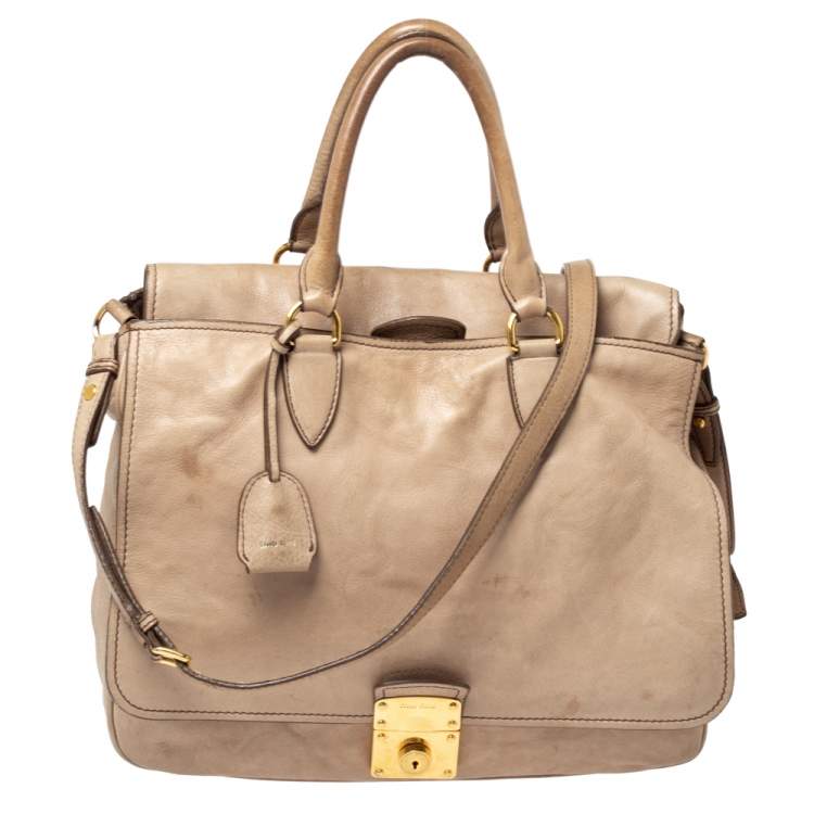 Pre Owned Miu Miu Beige Vitello Leather Flap Satchel 