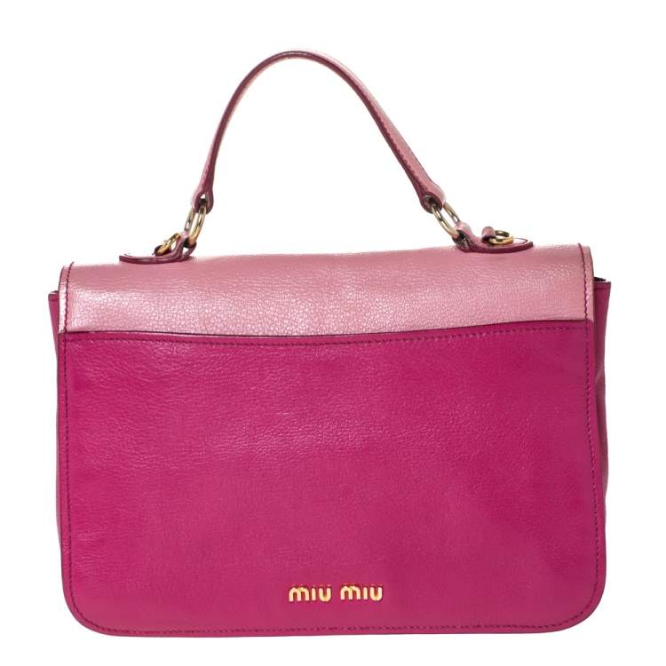 Pre Owned Miu Miu Bicolor Madras Leather Push Lock Flap Top Handle Bag