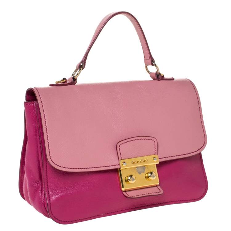 Pre Owned Miu Miu Bicolor Madras Leather Push Lock Flap Top Handle Bag