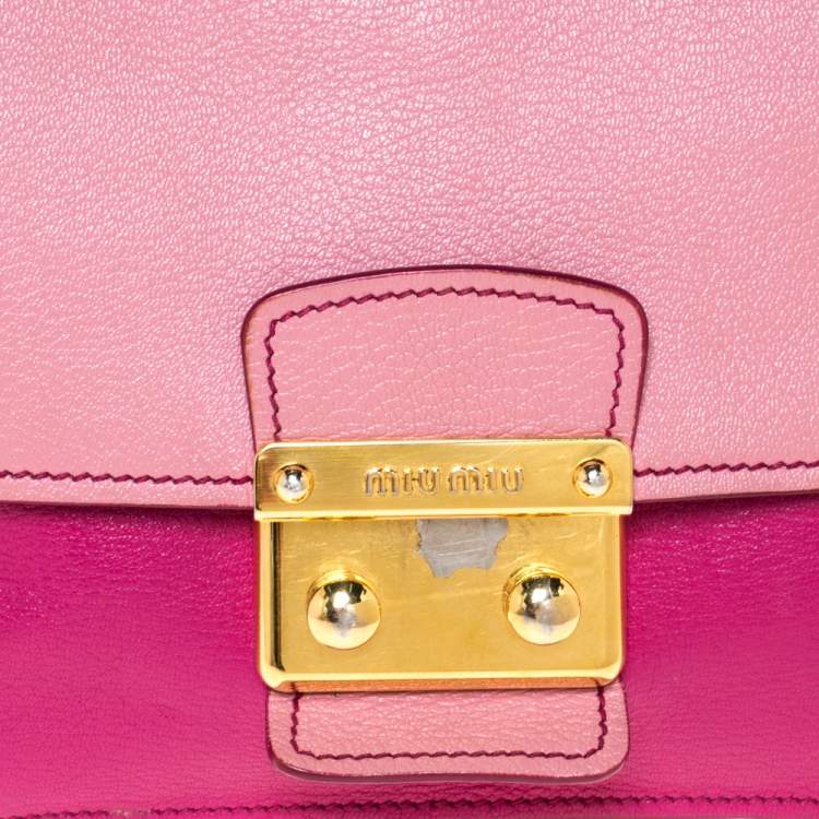 Pre Owned Miu Miu Bicolor Madras Leather Push Lock Flap Top Handle Bag