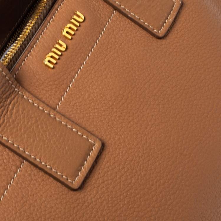 Pre Owned Miu Miu Brown Vitello Leather Zipped Tote