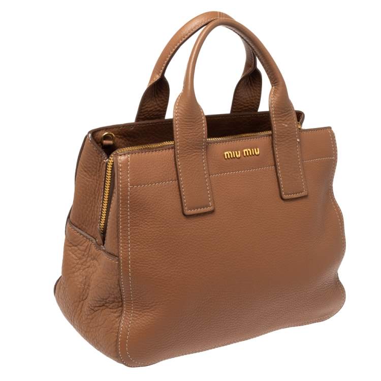 Pre Owned Miu Miu Brown Vitello Leather Zipped Tote
