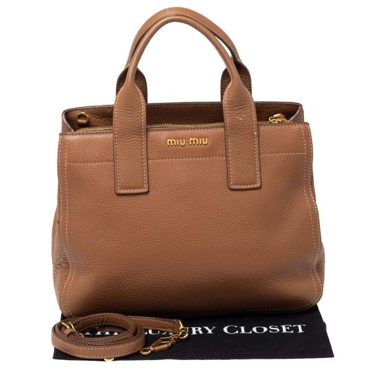 Pre Owned Miu Miu Brown Vitello Leather Zipped Tote