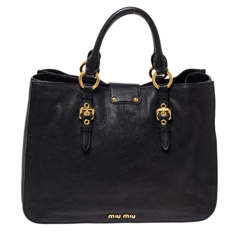 Pre Owned Miu Miu Black Leather Large Madras Tote 
