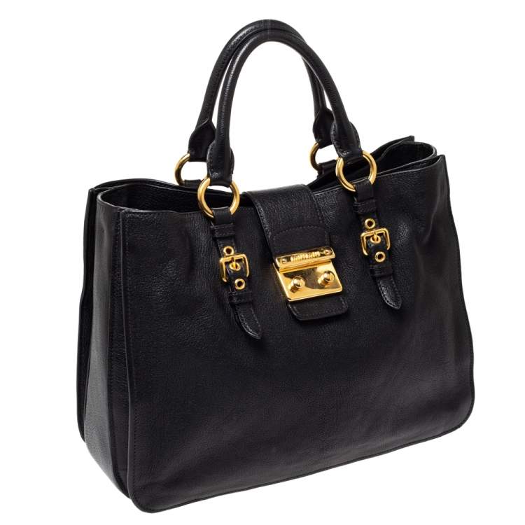 Pre Owned Miu Miu Black Leather Large Madras Tote 