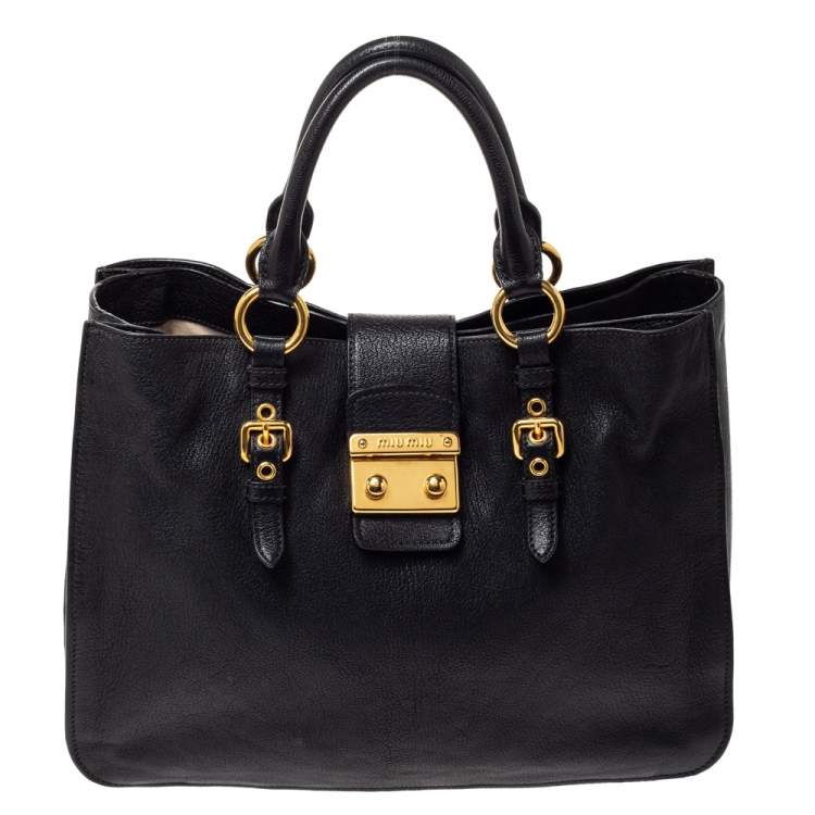 Pre Owned Miu Miu Black Leather Large Madras Tote 