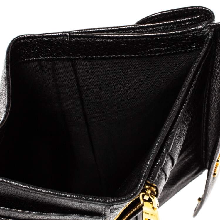 Pre Owned Miu Miu Black Leather Madras Flap Wallet