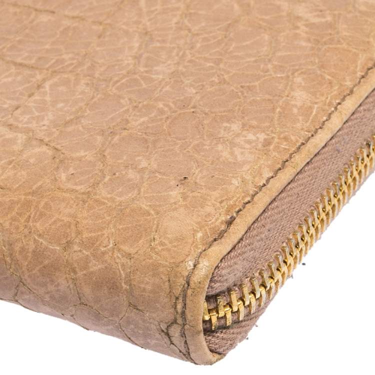 Pre Owned Miu Miu Beige Croc Embossed Crackled Leather Zip Around Wallet
