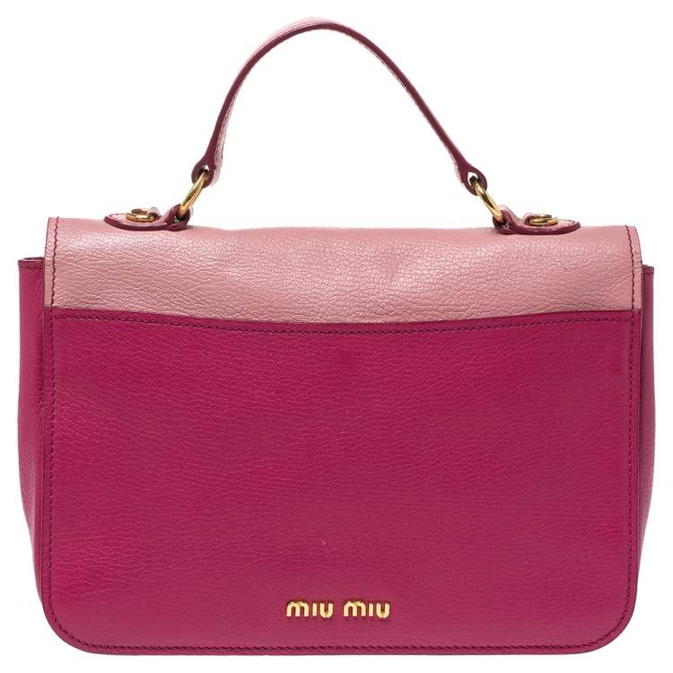 Pre Owned Miu Miu Two Tone Pink Madras Leather Push Lock Flap Top Handle Bag
