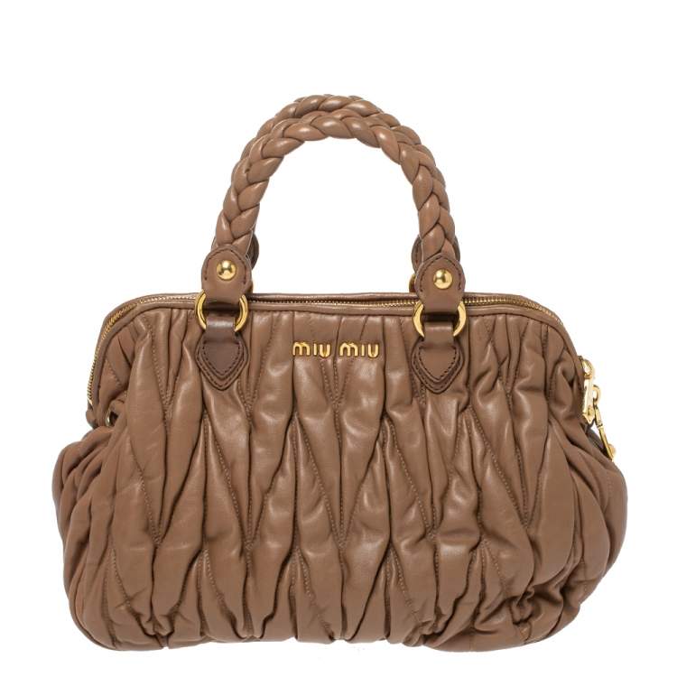 Pre Owned Miu Miu Brown Matelasse Leather Zip Satchel