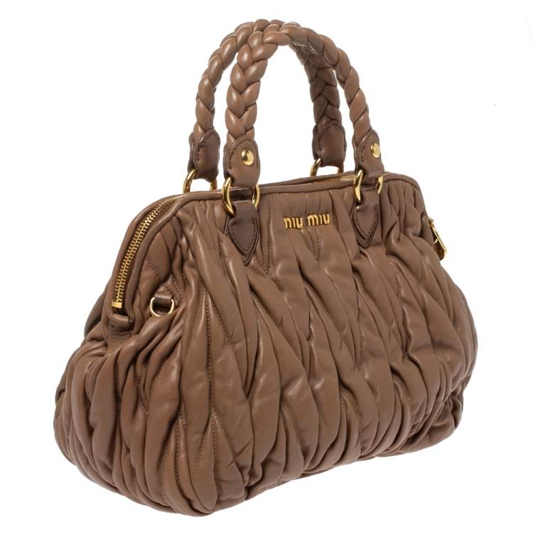 Pre Owned Miu Miu Brown Matelasse Leather Zip Satchel