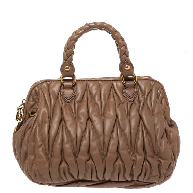 Pre Owned Miu Miu Brown Matelasse Leather Zip Satchel