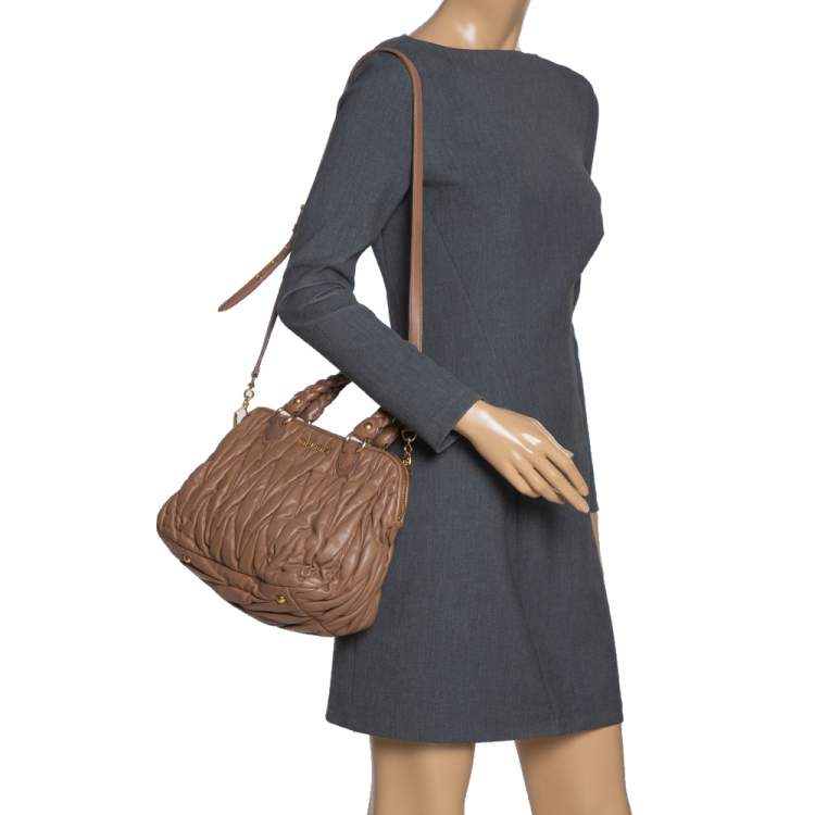 Pre Owned Miu Miu Brown Matelasse Leather Zip Satchel