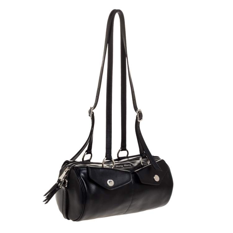 Pre Owned Miu Miu Black Leather Double Pocket Boston Bag