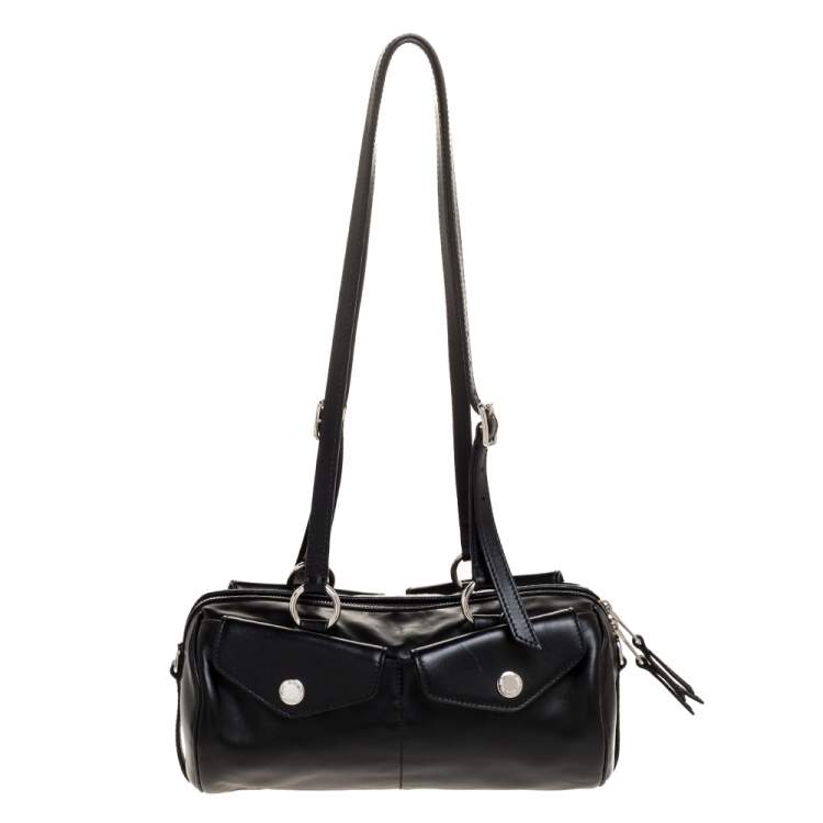 Pre Owned Miu Miu Black Leather Double Pocket Boston Bag