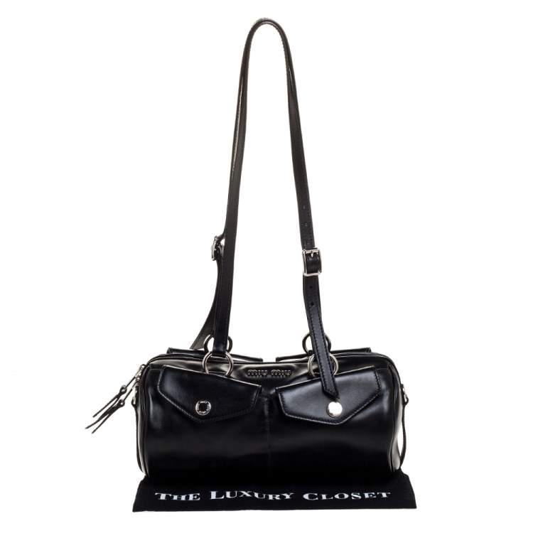 Pre Owned Miu Miu Black Leather Double Pocket Boston Bag