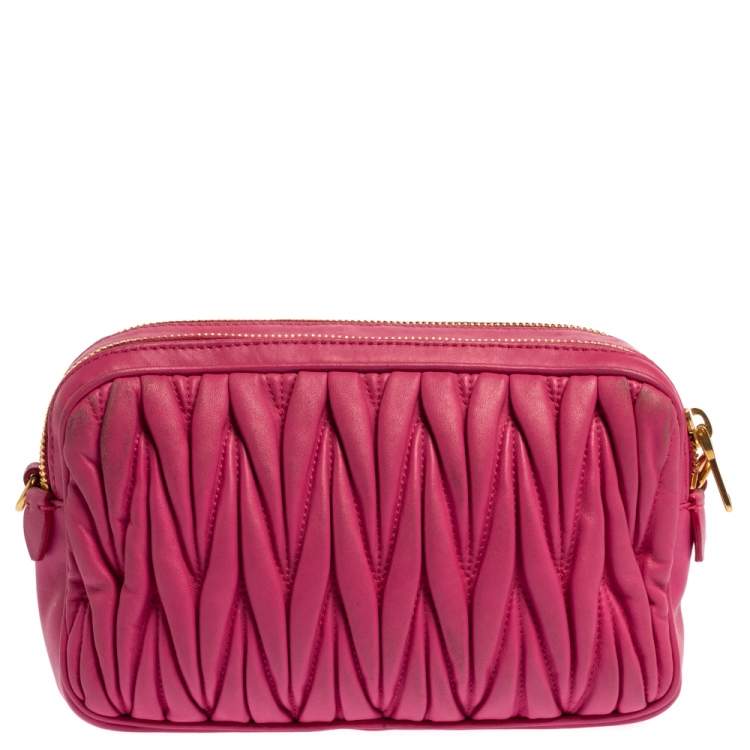 Pre Owned Miu Miu Fuchsia Matelasse Leather Double Zip Crossbody Bag