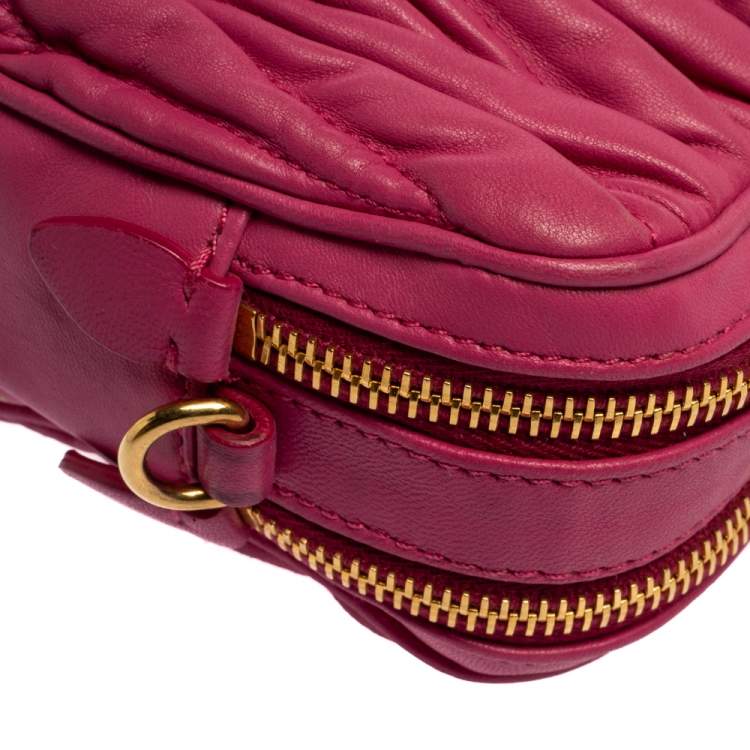 Pre Owned Miu Miu Fuchsia Matelasse Leather Double Zip Crossbody Bag