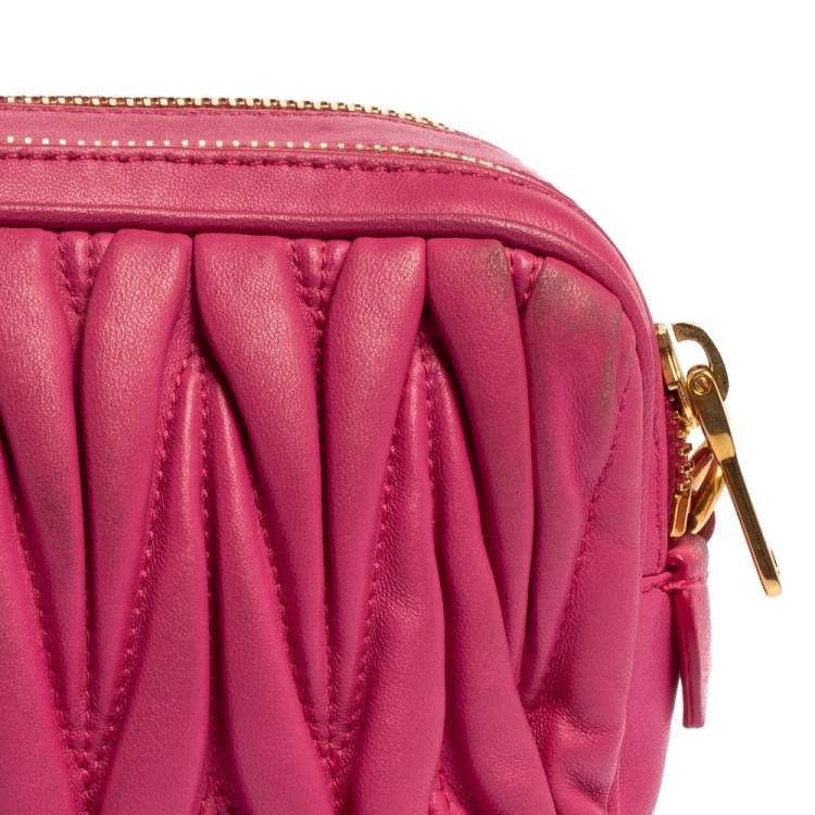 Pre Owned Miu Miu Fuchsia Matelasse Leather Double Zip Crossbody Bag