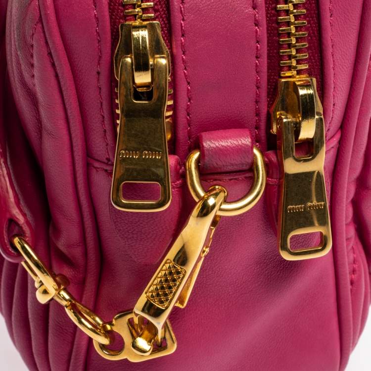 Pre Owned Miu Miu Fuchsia Matelasse Leather Double Zip Crossbody Bag
