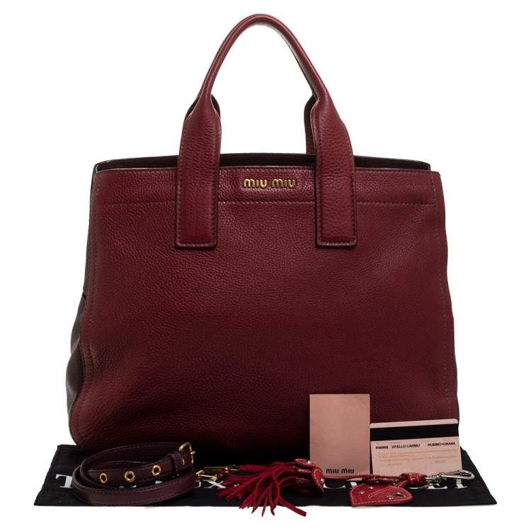Pre Owned Miu Miu Red/Maroon Vitello Caribu Leather Zipped Tote