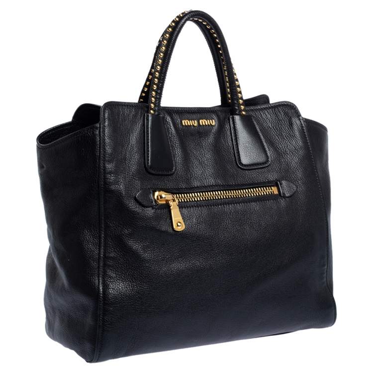 Pre Owned Miu Miu Black Madras Leather Studded Handle Tote