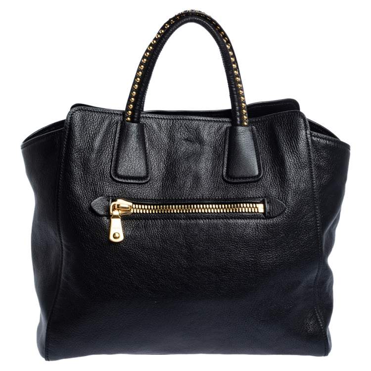 Pre Owned Miu Miu Black Madras Leather Studded Handle Tote